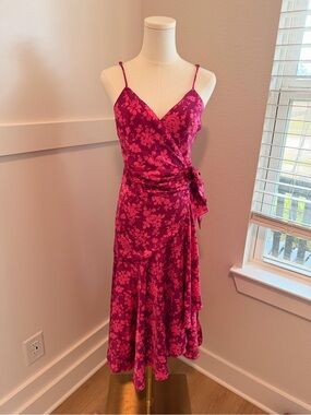 Dee Elly Pink Floral Wrap-Style Midi Dress